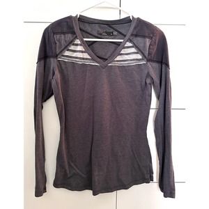 Prana Grey Long Sleeve V Neck Shirt Striped Detailing